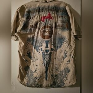 Nostic Angel Wings Embroidered Button Down Beige Red Shirt Seeing Eye